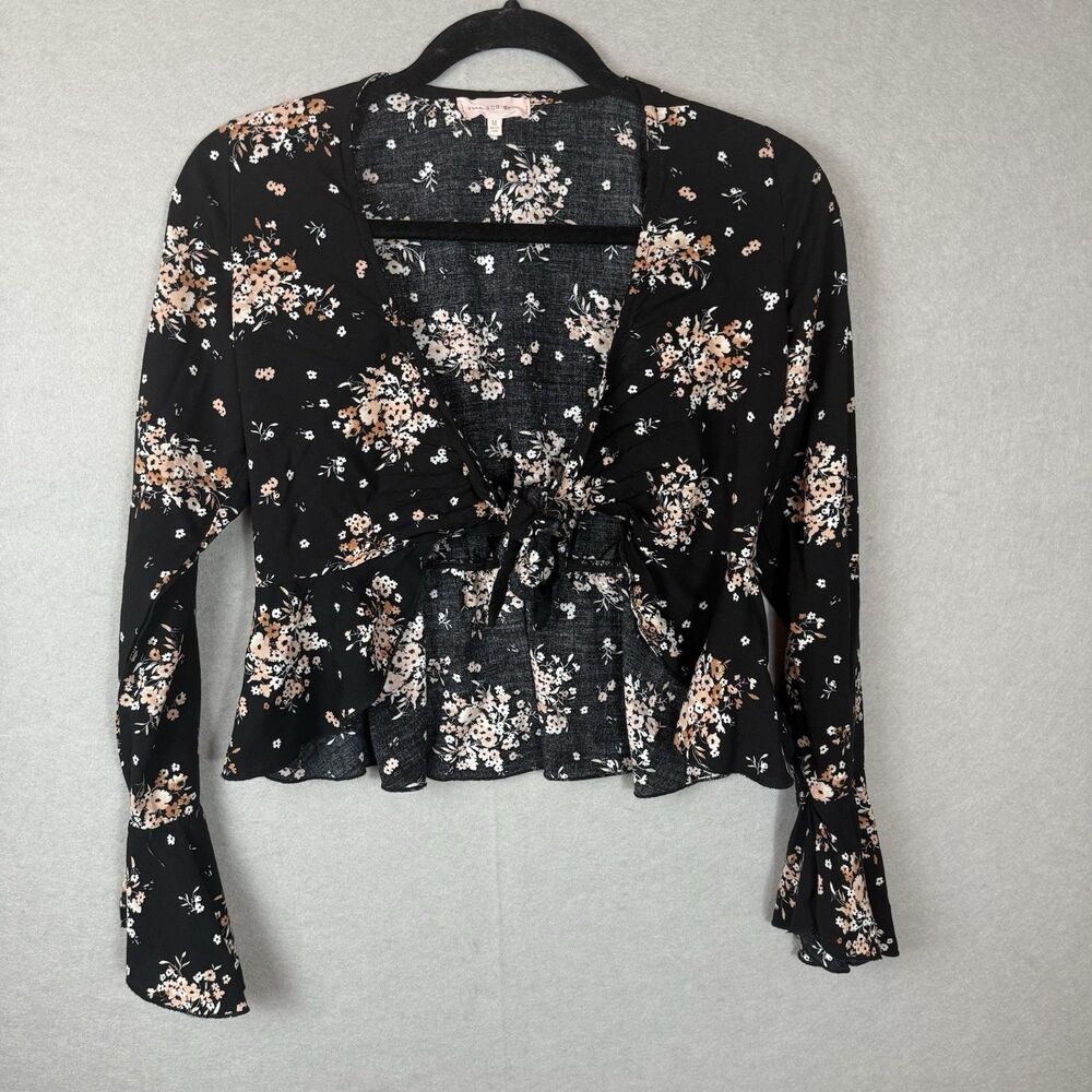 Rose & Grey‎ Black Floral Wrap Front Tie Cropped Top Bell Sleeve Peplum Medium